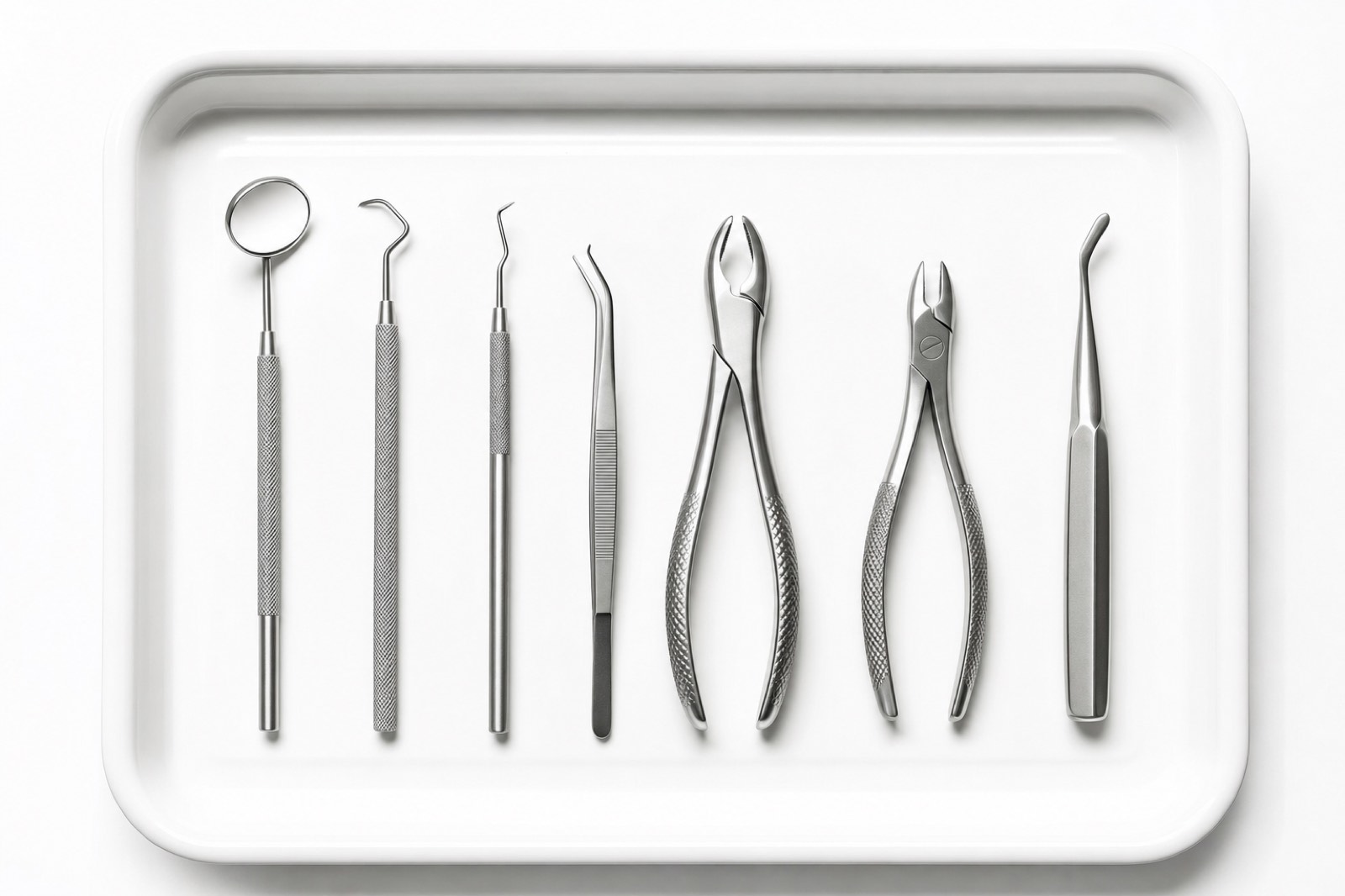 Dental instruments laid out on a sterile tray
