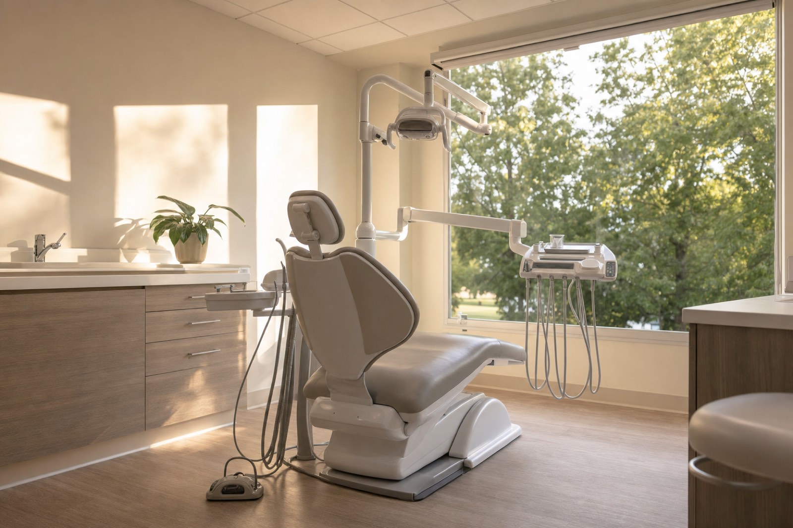 A quiet dental treatment room lit by afternoon daylight